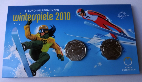 5 Euro Silbermünze Österreich 2010 Snowboard + Skisprung - handgehoben